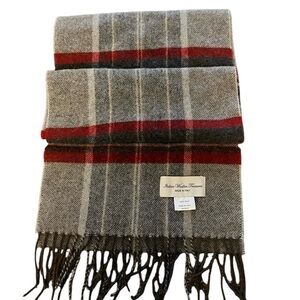 ITALIAN WOOLLEN TREASURES wool scarf, red & gray plaid with fringe, Italy